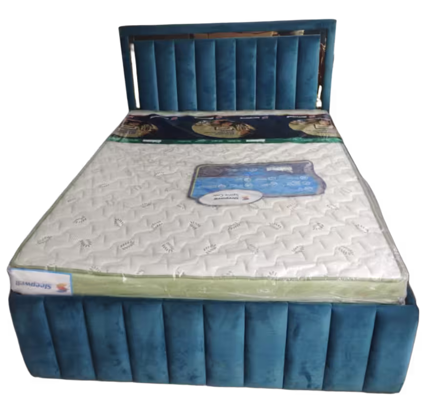 Teal blue velvet fabric bed with vertical channel stitching and sturdy wooden frame.