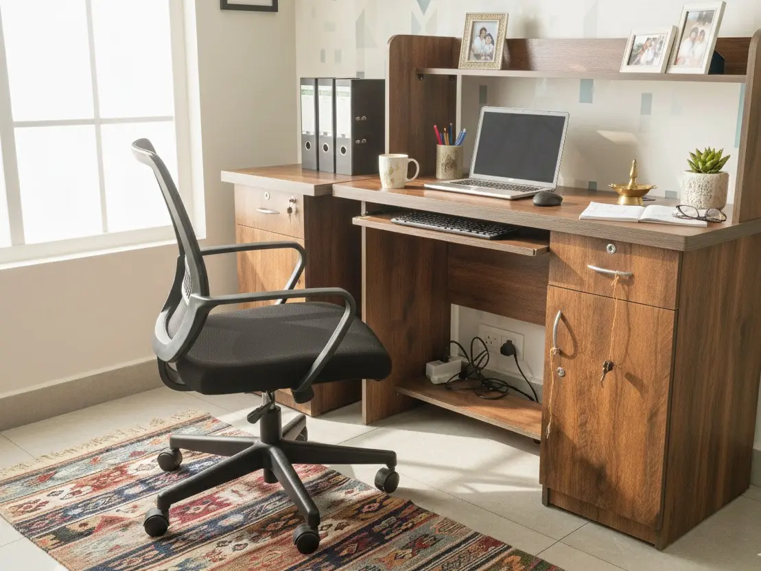 Modern wooden home office desk and ergonomic chair for tech professionals in Whitefield and ITPL