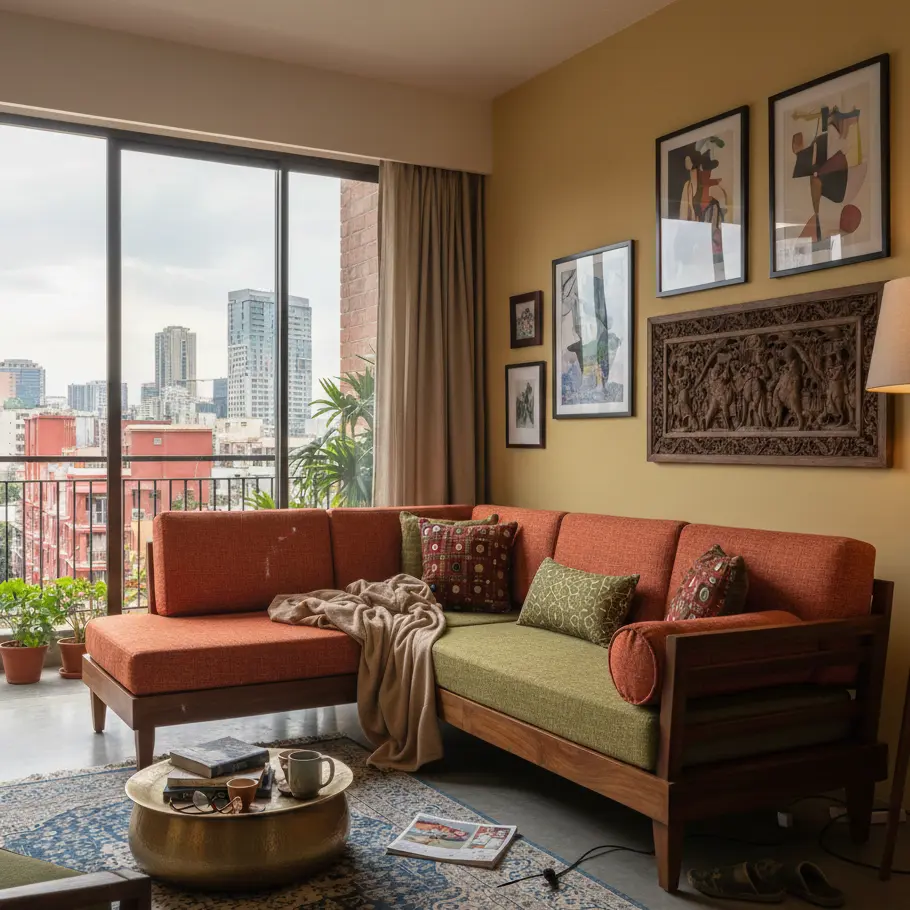 Compact solid wood L-shaped sectional sofa for small 2BHK living rooms in Munnekollal Marathahalli