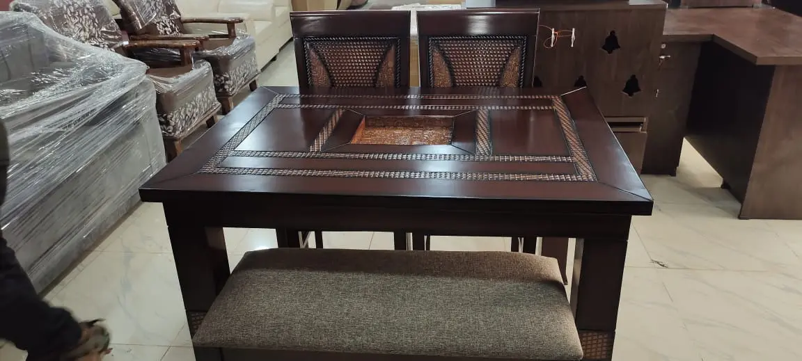 Solid wood dining table with space-saving bench seating for compact apartments near Munnekollal 