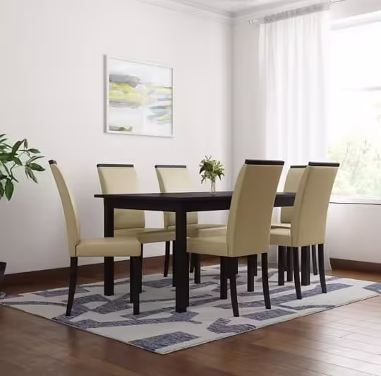 6 seater dining table with high back cream colored cushioned chairs and a heavy wood frame