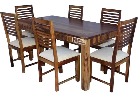 Traditional 6 seater dining table made of real sheesham wood with cream cushioned chairs.