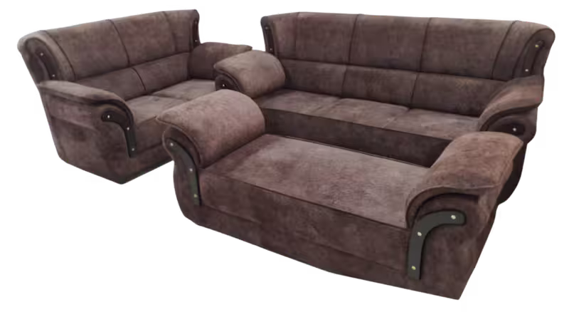 Dark brown suede fabric sofa set (3+2 seater) with wooden accents