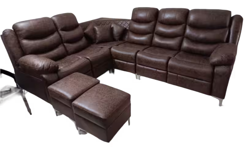 Dark brown leather sectional sofa with high back recliner-style seating