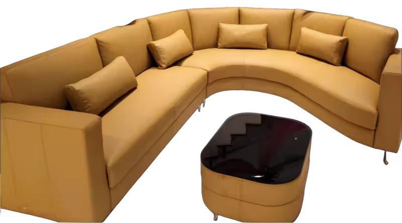 Modern mustard yellow U-shaped curved sectional sofa with black glass ottoman