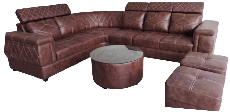 Brown leather sectional with quilted backrest and round center ottoman