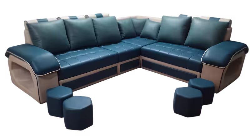Teal blue and beige two-tone sectional sofa with matching puffy stools